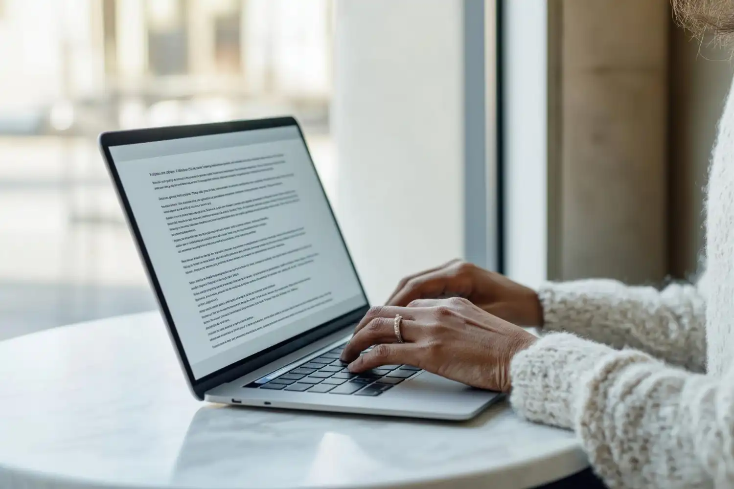 Copywriter typing website content on laptop with text document displayed