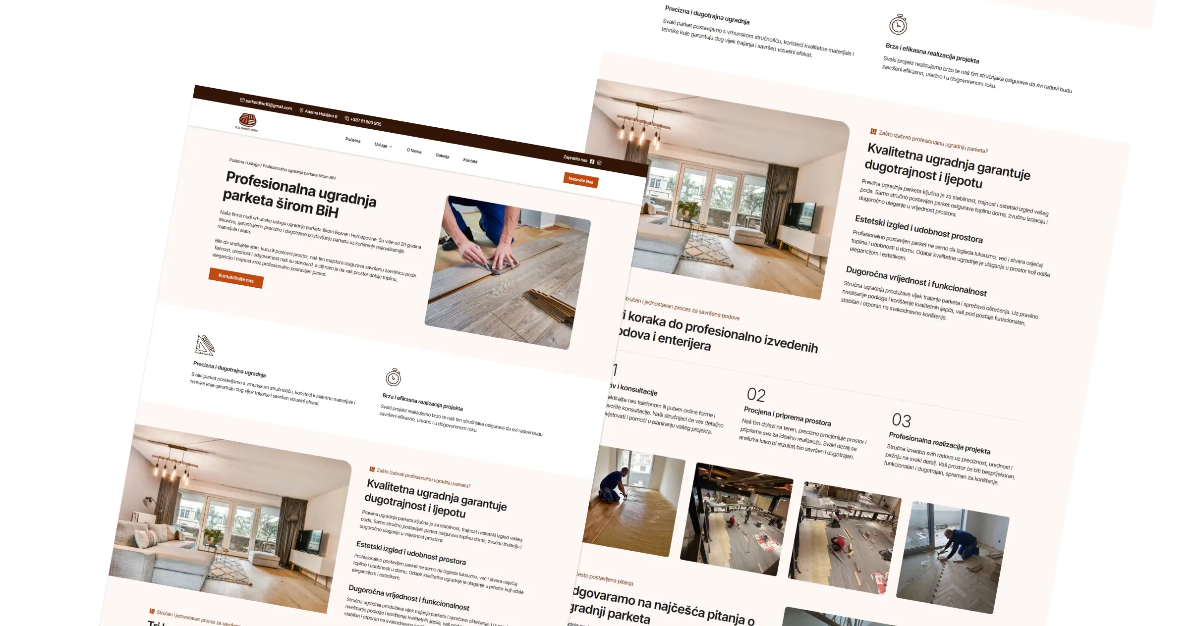 Različiti primjeri podstranica i sekcija sa web stranice Parket Dino