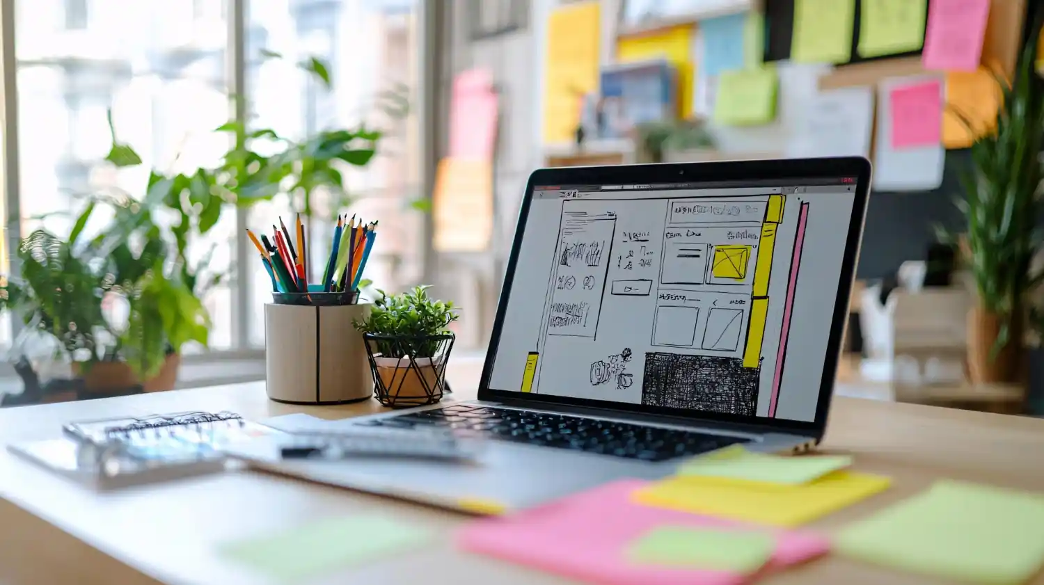 UI/UX wireframe on laptop for modern website design