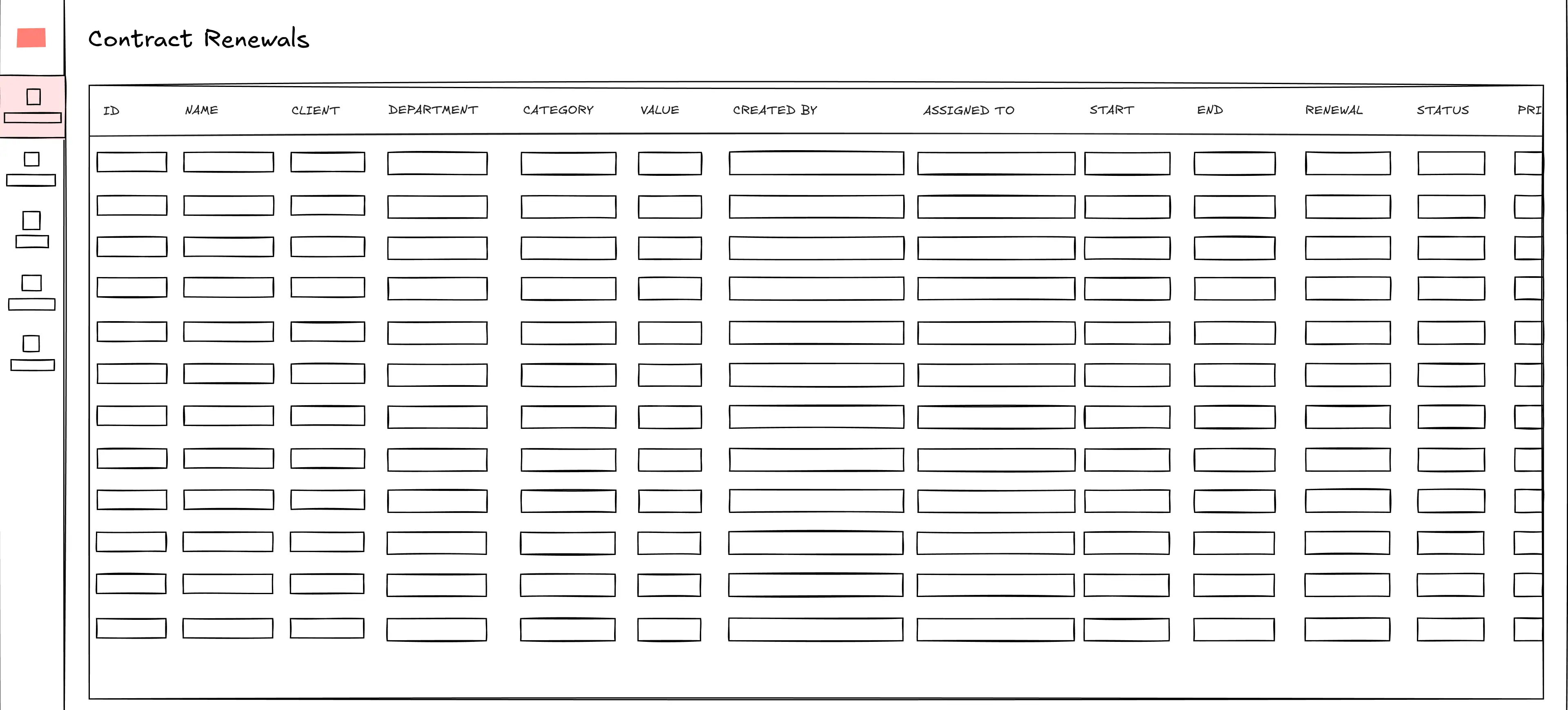 Wireframe of the contract renewal interface for the Contract System app