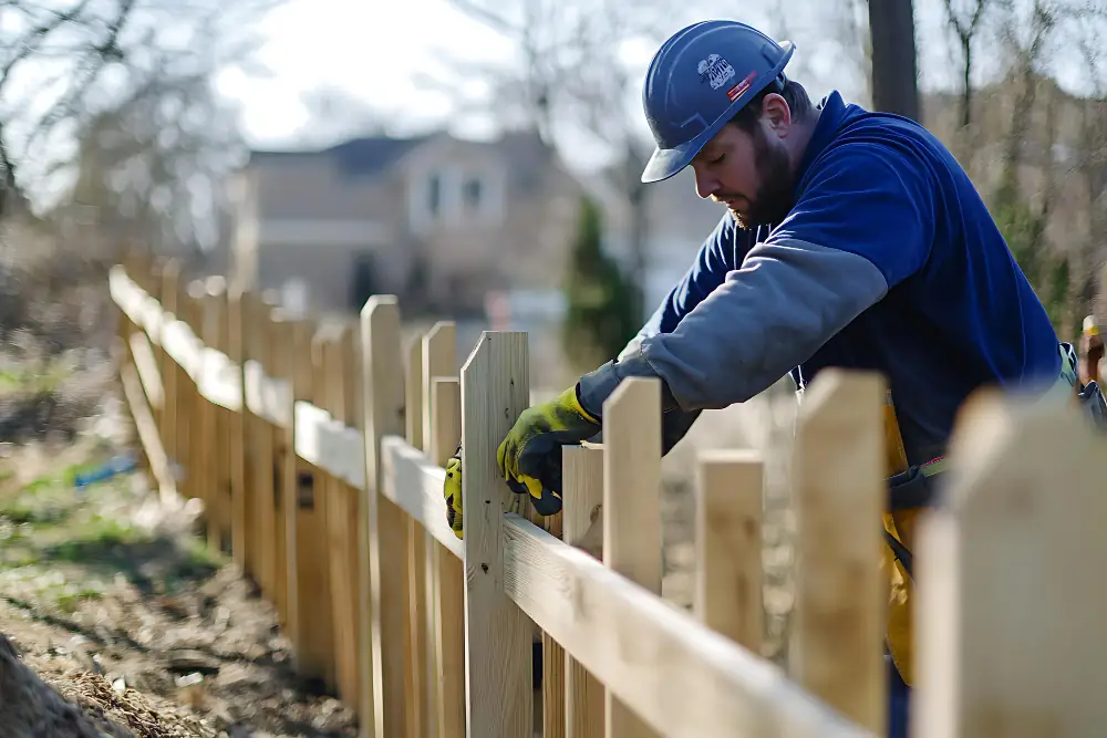 Fence Contractor installs new wooden fence in the backyard