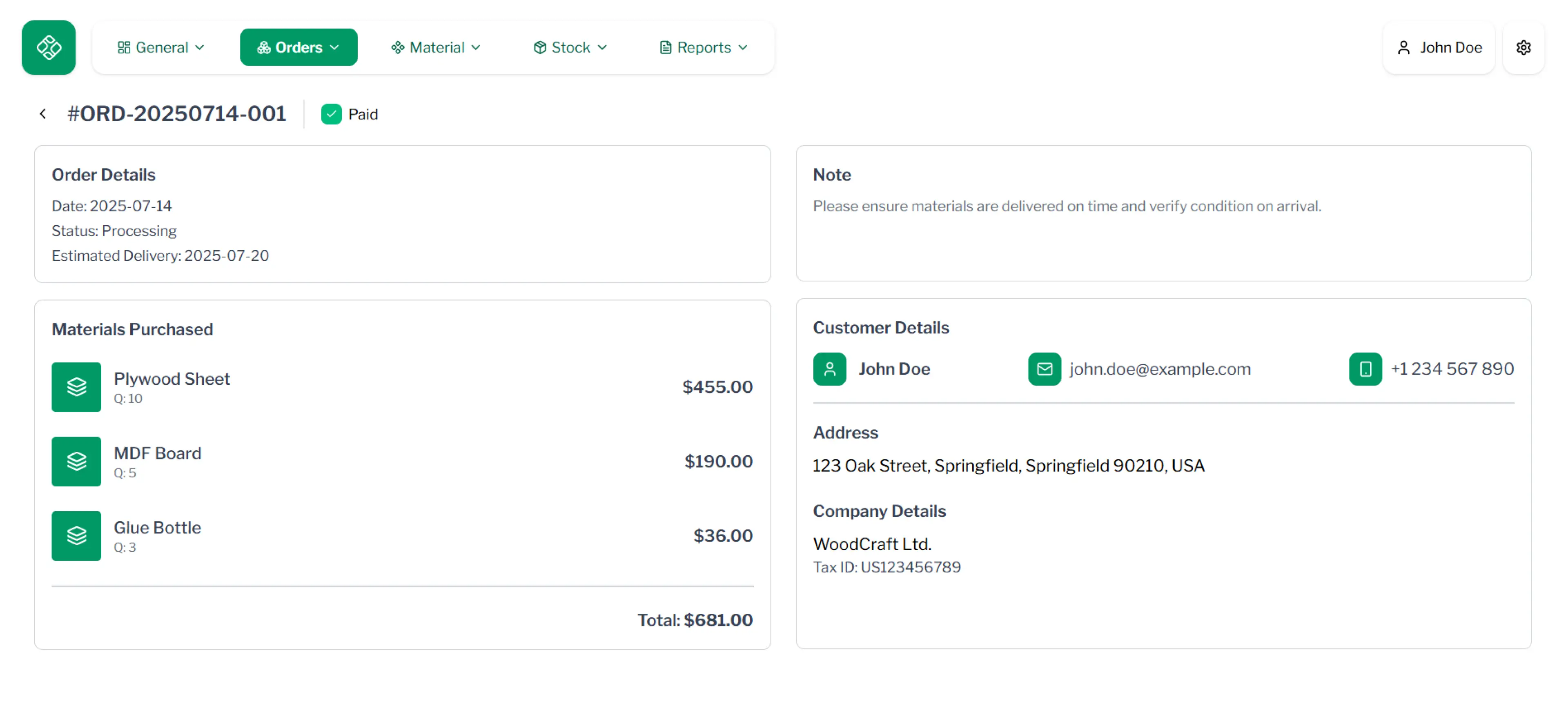 Order insights showcased from the Smart Stoock Tracker application