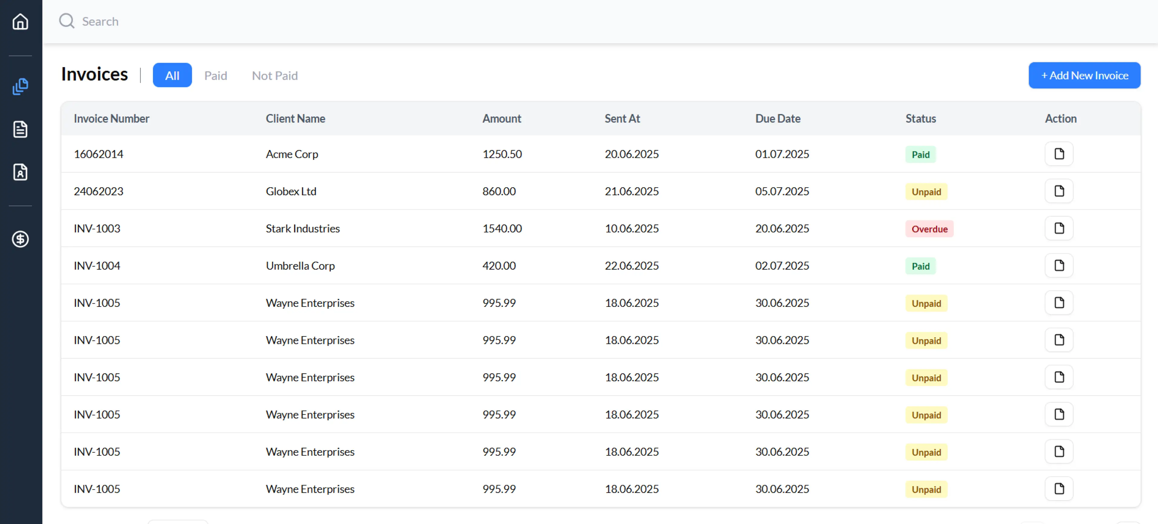 Advanced Invoice list interface from the Invoice Flow application