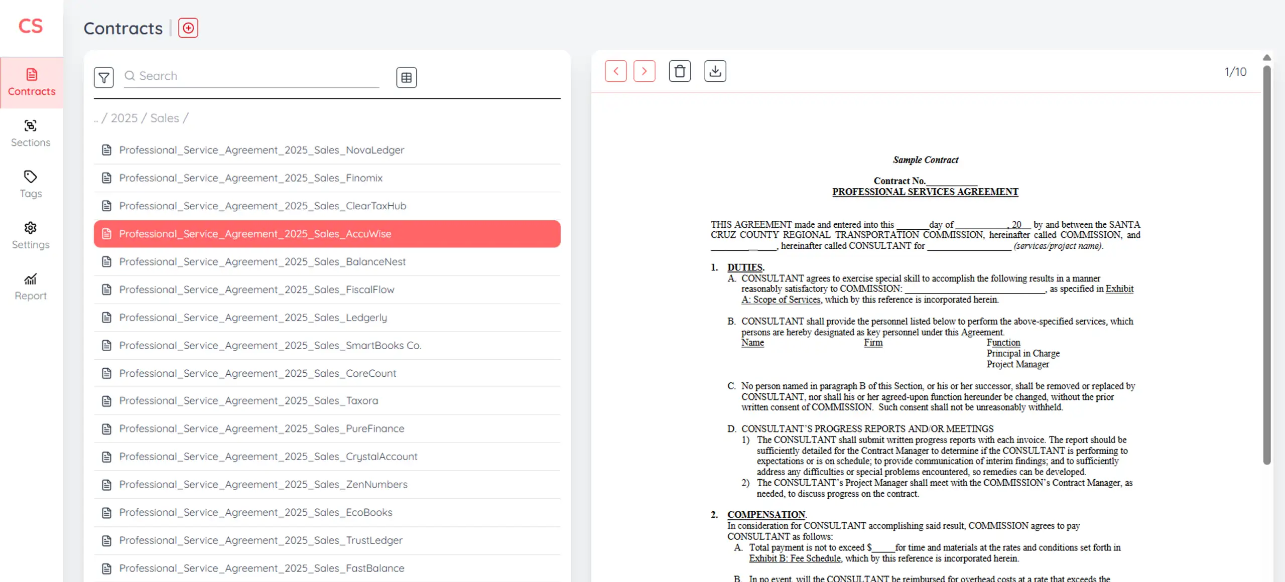 Advanced file management list with contract preview section in the Contract System App