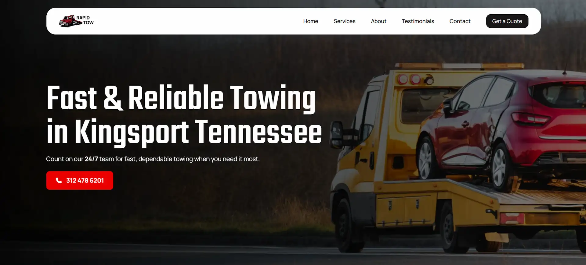 The Rapid Tow website landing page