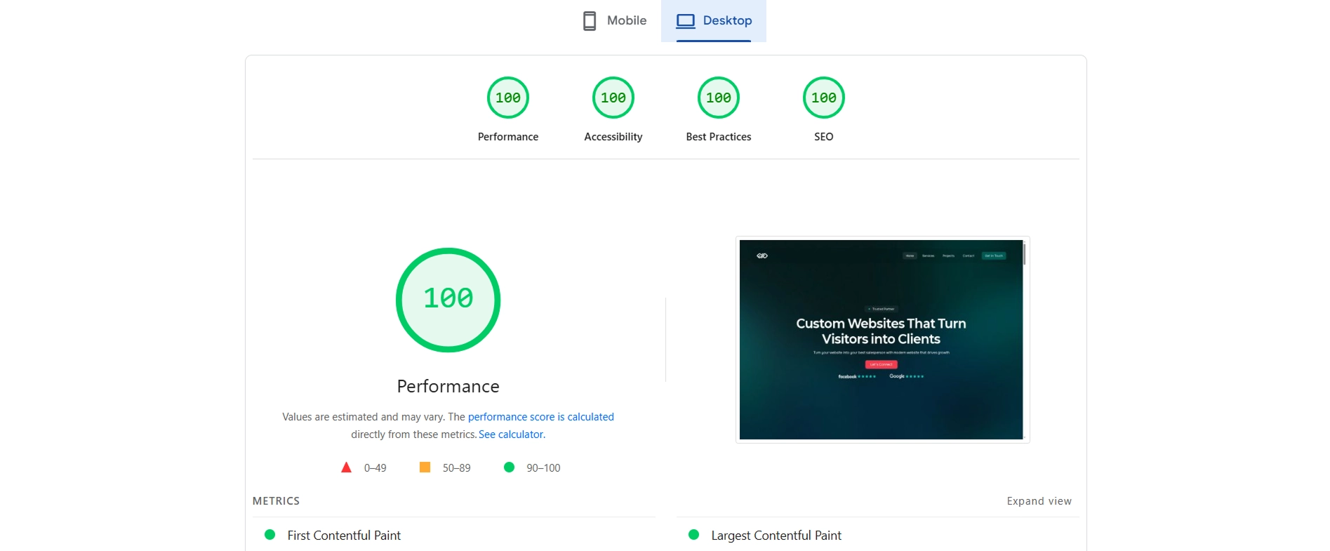 Website achieving 100 score in Google Lighthouse report for performance, accessibility, best practices and SEO