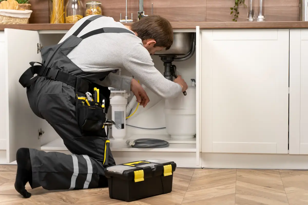 Plumber with a toolbox repairs the kitchen sink
