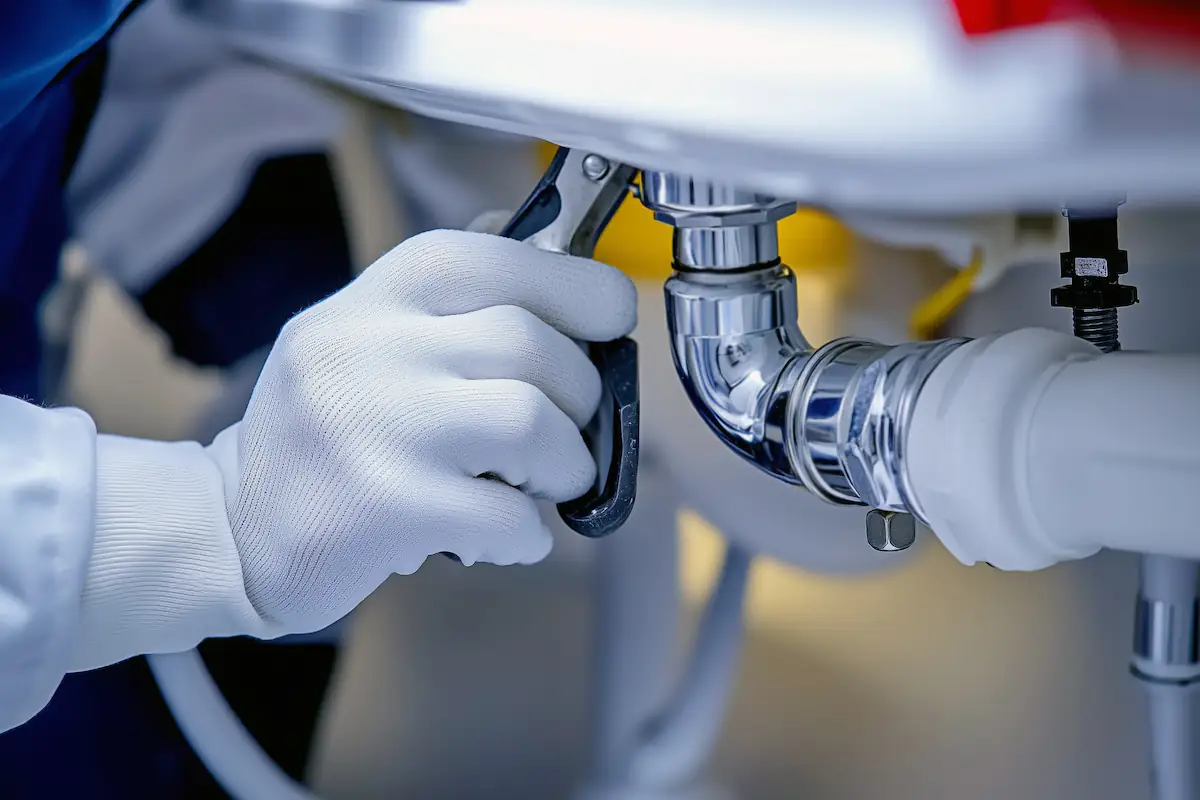 Plumber with a glove uses pliers to stabilize the sink