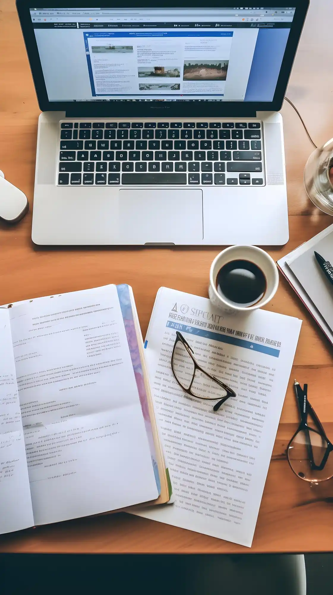 Laptop highlights website with text written from notebook next to laptop