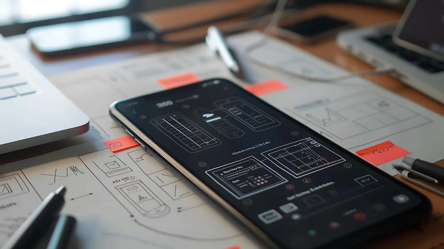 UI/UX design on smartphone screen symbolizing mobile application development