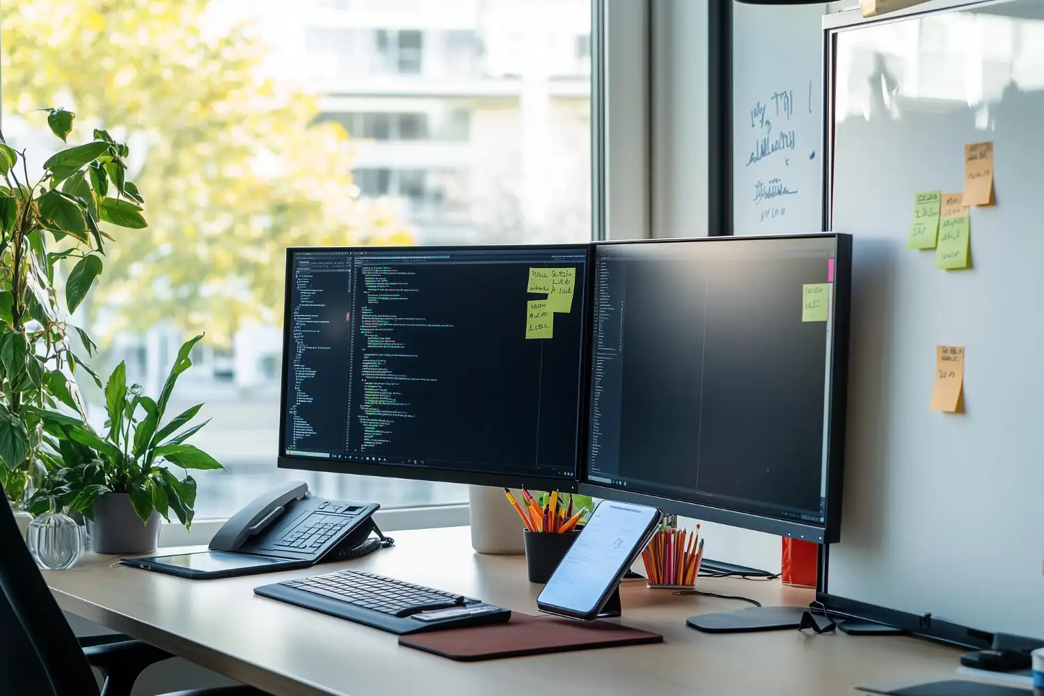 Two computer screens with programming code symbolizing website development