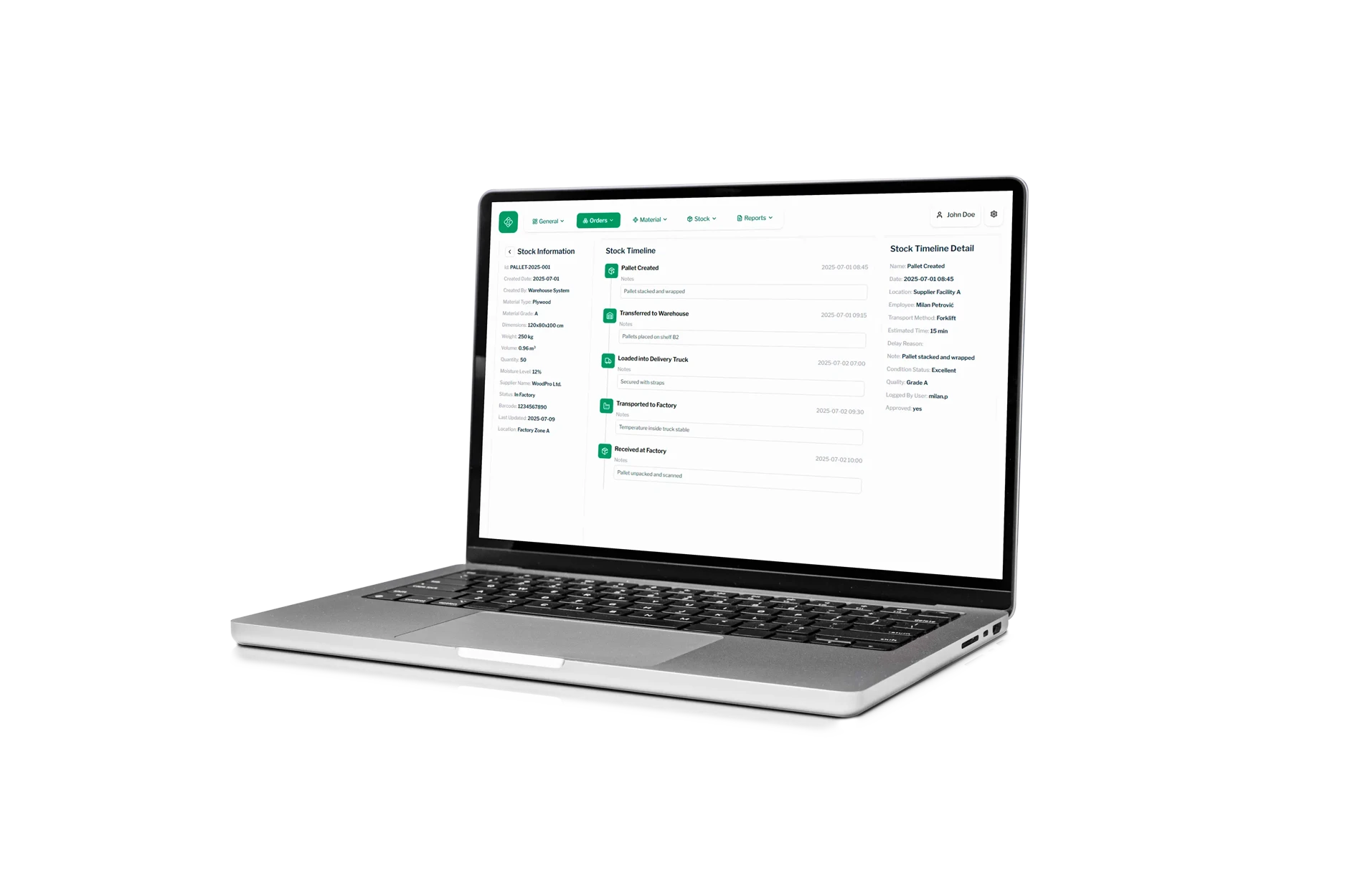 Stock Management dashboard showing timeline and stock insights on a laptop mockup