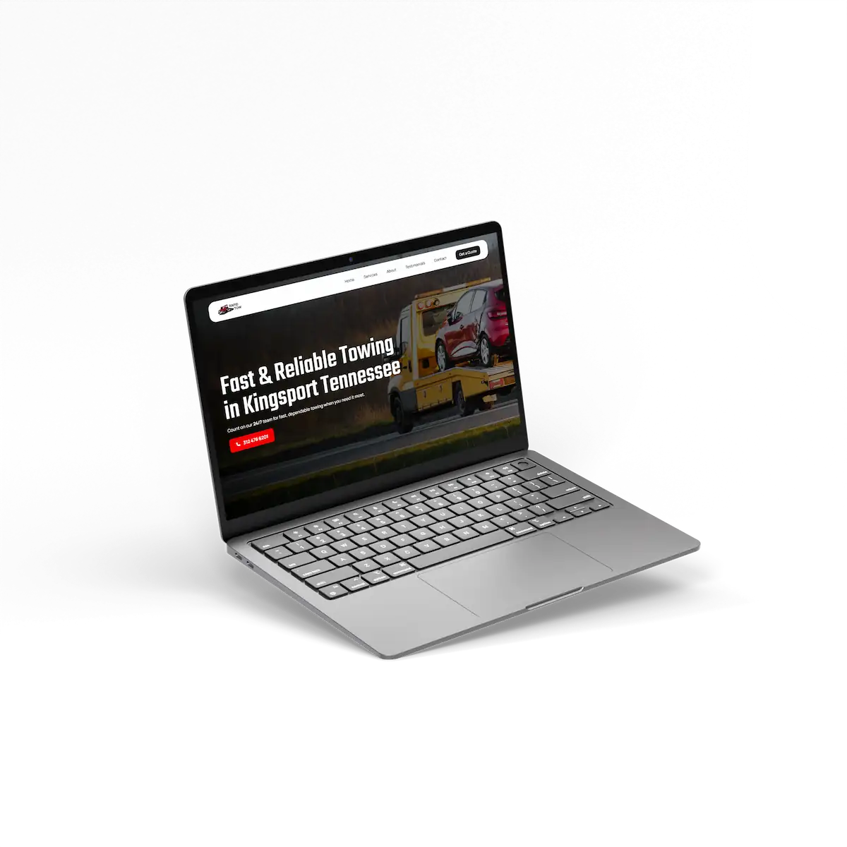 The Rapid Tow website landing page showcased on the laptop
