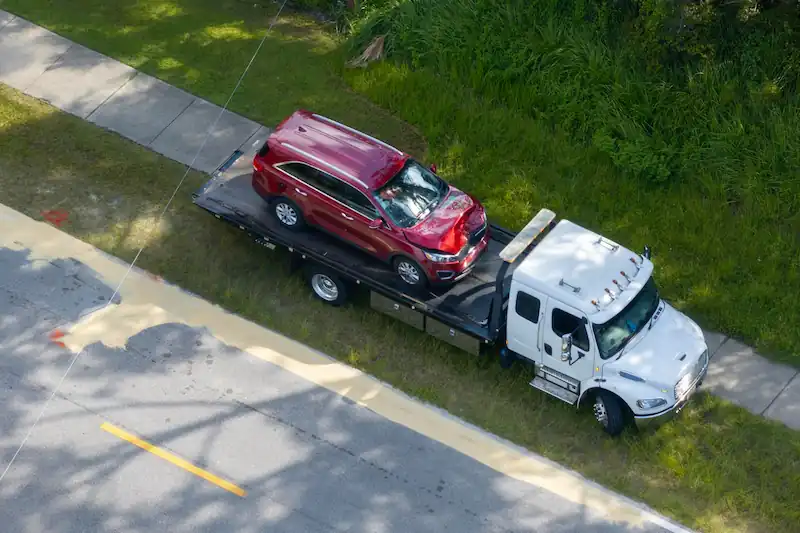 Damaged car gets transported by a towing truck