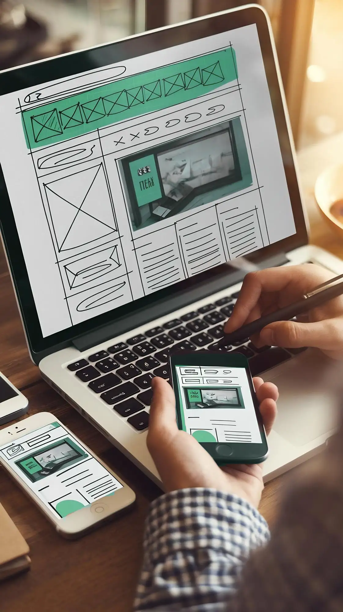 Laptop and phone that showcases website wireframe and web design